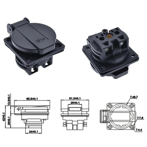 Badass CEE7 IP54 Waterproof Industrial Electrical AC Power Female Socket Rewireable Outlet Connector with detailed diagrams.