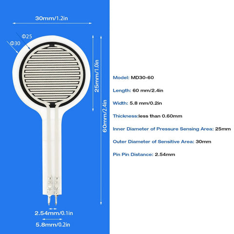 MD30-60 force sensitive resistor, circular 30mm pad with 25mm sensing area on white stem, 60mm length, dual pins