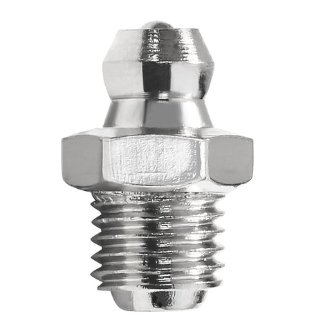 Close-up of M8 grease fitting with male thread, zinc-plated steel, front view