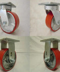 Rock Solid 5X2 Inch Polyurethane On Steel Caster Kit With Two Swivel And Two Rigid Red Wheels Kingpinless Setup, front and side view.