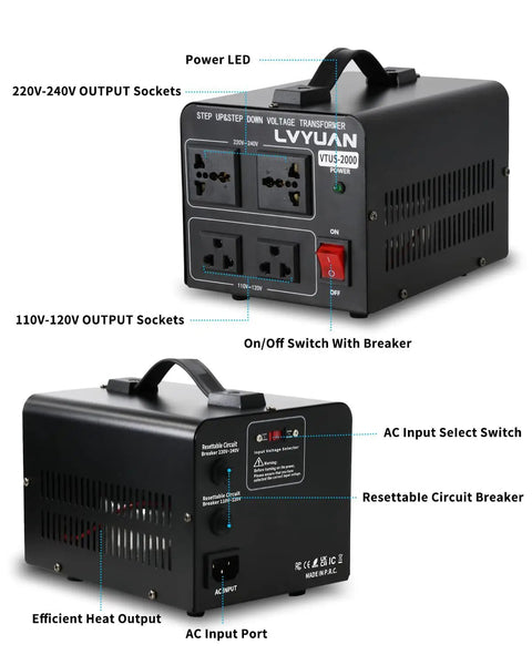 Heavy Duty 2000W Voltage Transformer Converter Step Up From 110-120V To 220-240V And Step Down From 220-240V To 110-120V With 2 US outlets and 2 universal outlets, front and back view showing sockets and switches.