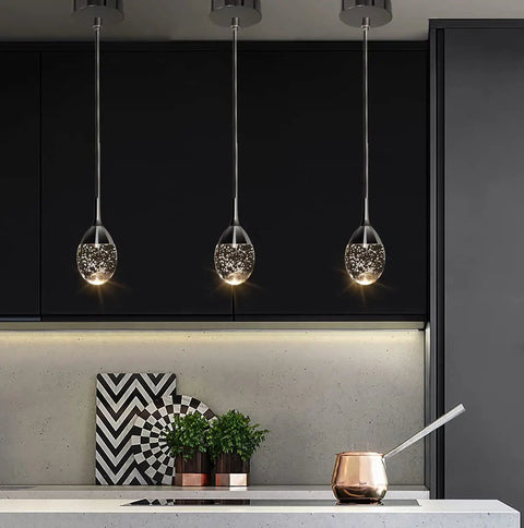 Teardrop Crystal Pendant Light In Black Dimmable LED Bubble Ceiling Fixture With Adjustable Metal Rods in modern kitchen setting