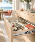 Open drawer showing Soft Close Drawer Slides 14 Inch Side Mount Glides, 6 Pair, 3 Fold Full Extension Ball Bearing Rails