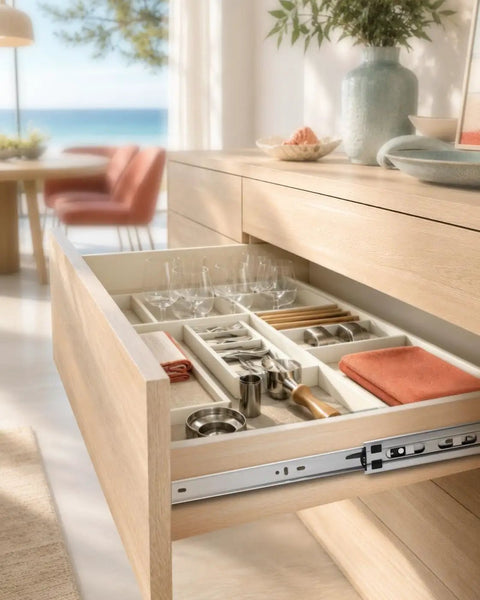 Open drawer showing Soft Close Drawer Slides 14 Inch Side Mount Glides, 6 Pair, 3 Fold Full Extension Ball Bearing Rails