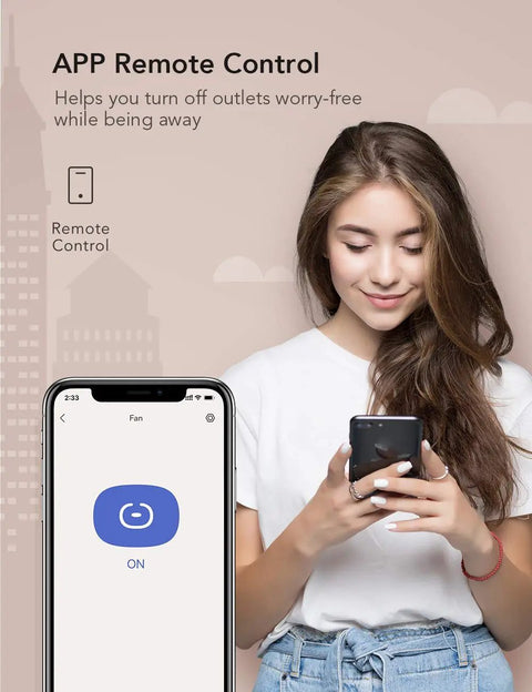 Person using phone app to control Compact WiFi Smart Plug 4 Pack Mini Outlet Works With Alexa And Google Home Remote Voice Control