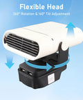 Battery operated car heater with flexible head, 360 rotation, and 160 tilt, designed for fast windshield defrost.