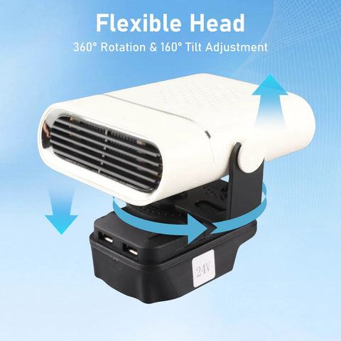 Battery operated car heater with flexible head, 360 rotation, and 160 tilt, designed for fast windshield defrost.