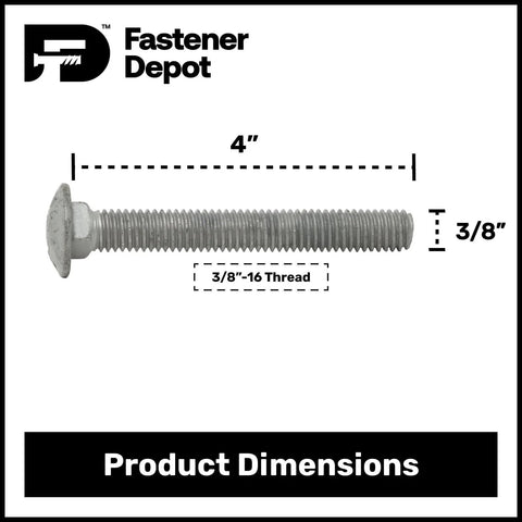 3/8-16 X 4 Inch Hot Dip Galvanized Carriage Bolt Kit Grade 307A With 50 Flat Washers And 50 Hex Nuts For Exterior Use