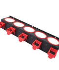 Heavy Duty Wall Mounted Spray Bottle Rack With 5 Plastic Hanging Hooks in black with red accents