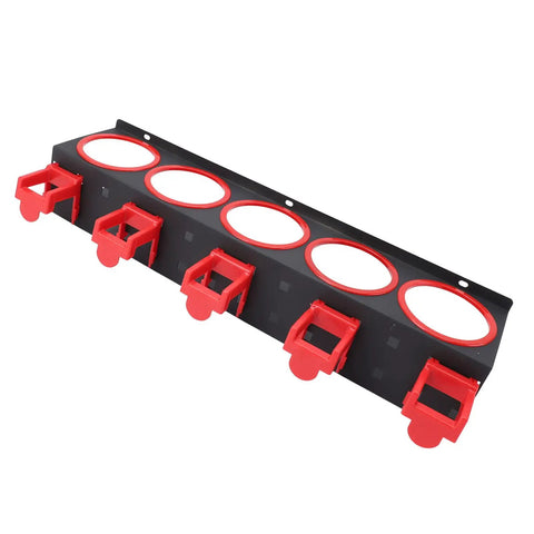 Heavy Duty Wall Mounted Spray Bottle Rack With 5 Plastic Hanging Hooks in black with red accents