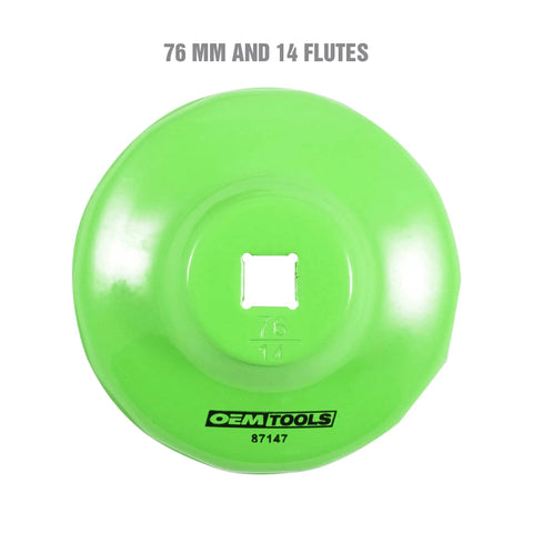 76 Millimeter 14 Flute Oil Filter Wrench for Easy Oil Changes Reinforced Three Eighths Inch Drive, green top view