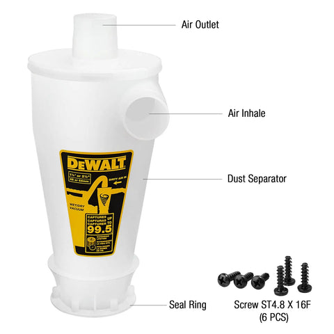Cyclone design dust separator for wet and dry vacuums with label and screws, delivers up to ninety nine point five percent debris capture.