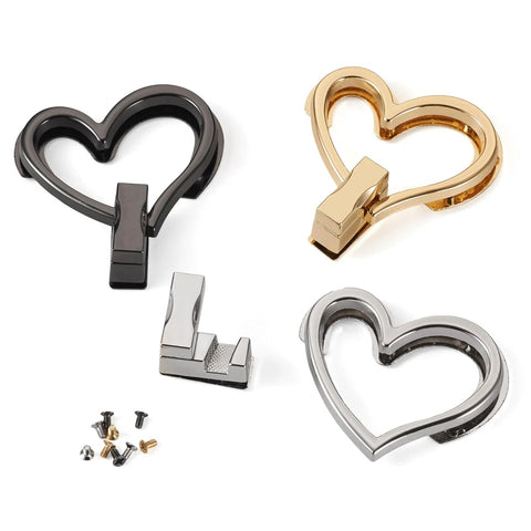 Heart-shaped purse twist lock closures set of 3 in black, gold, and silver with mounting hardware for bags