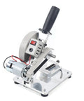 Portable Mini Table Saw Featuring Adjustable Zero To Forty Five Degree Angle Guide Designed For Sharp Wood Metal And Plastic Cuts Delivers Killer Precision And Heavy Duty Build Quality That Will Blow Your Mind On Any Garage Workshop Day, close-up of saw with motor and handle.