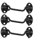 Three black Four Inch Hook And Eye Door Latch Tough As Nails Heavy Duty Stainless Steel Black Finish Gate Latch For Barn Doors Shed Cabins Windows And Bathrooms Sliding Doors Pack Of 3 on white background.