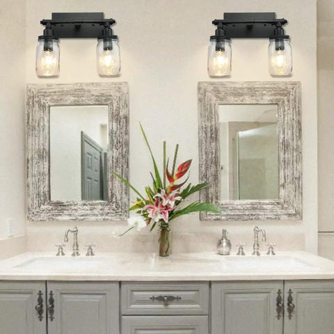 Industrial Black Vanity Light Fixtures With Glass Mason Jar Shades Two Light Vintage Wall Sconces for Bathrooms Rustic Modern