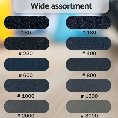 Grit assortment display for Five Inch Wet And Dry Sanding Discs Kit with grits from 80 to 3000 for auto, wood, and metal finishing.