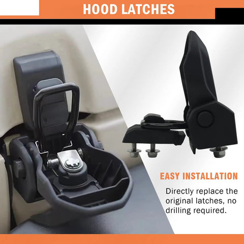 Anti Theft Hood Lock Latch Kit for Jeep Wrangler JL JT Gladiator 2018 2019 2020 2021 showing installed and uninstalled latches