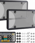 Two Pack License Plate Cover And Frame Set Built From Heavy Duty ABS For All Weather Use Got You Covered With Rust Proof And Corrosion Resistant Car License Plate Protector With Screws And Caps Universal Fit Black shown with accessories and sample plate