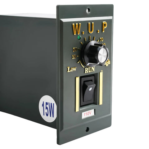 Front view of a dark-green 15W 110V AC gear motor speed controller panel with rotary dial and on/off switch.