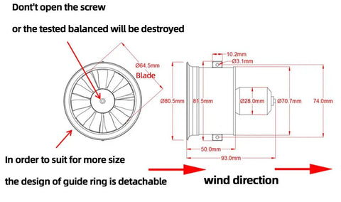Technical diagram of 64mm RC Jet Ducted Fan with 3500KV Brushless Motor 4S Ready 11 Blades showing dimensions and wind direction