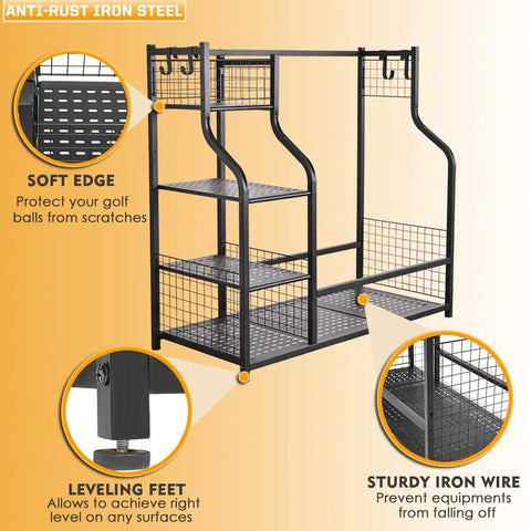 Extra Large Golf Bag Rack Stand Organizer For Garage Built To Last Holds 2 Bags And Gear With 4 Heavy Duty Hooks 3 Shelves And Net Shelf