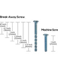 Break-away and machine screws chart for Ten Pack Gold Cabinet Pulls With Six And One Quarter Inch Hole Centers And Eight Inch Overall Length Square Cabinet Handles