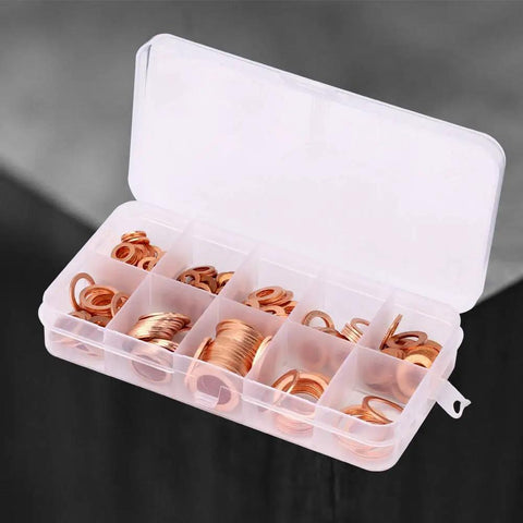 Solid Copper Flat Washers Assorted Set M5 To M14 Including 200 Pcs For Electrical Insulation Stopping Galvanic Corrosion On Aluminum Steel Or Auto Wiring Solar Panels Load Distribution Kit Good For Home Or Garage Use Solid Copper Gear You Gotta Grab in plastic organizer case