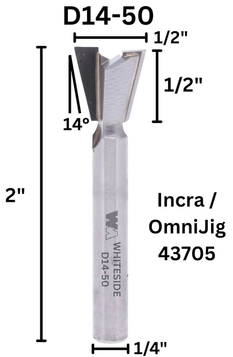 Pro Grade 14 Degree Carbide Dovetail Router Bit With 1/2 Inch Big Cutter And Deep Cut Sweep designed for precise cabinetry cuts.