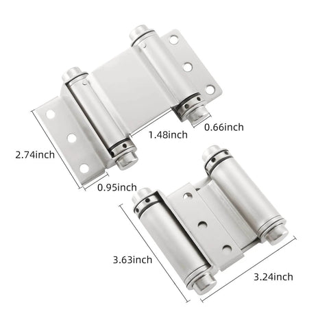 3 Inch Double Action Spring Door Hinge Set Self Closing For Saloon Bar Pub Cafe Doors Satin Nickel Finish, dimensions shown.