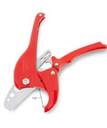 Heavy Duty Ratcheting Hose Cutter For Rubber Hose And PVC Pipe Up To 1-1/2 Inch OD with red handle and measuring markings