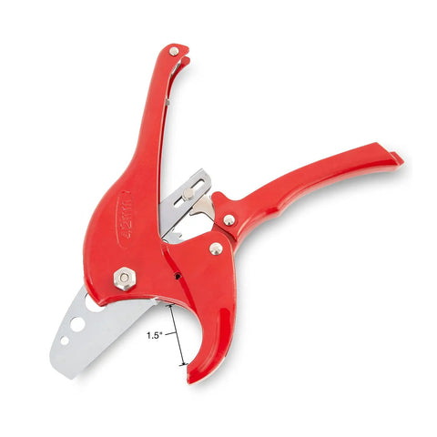 Heavy Duty Ratcheting Hose Cutter For Rubber Hose And PVC Pipe Up To 1-1/2 Inch OD with red handle and measuring markings