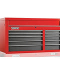 Rock Solid 10 Drawer Top Chest Storage Cabinet In Vibrant Red And Gray With Wide 50 Inch Base featuring a sleek top view.