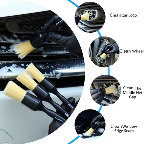 Five Piece Boar Hair Car Detailing Brush Set With Ultra Soft Scratch Free Interior Brushes cleaning grille and emblems