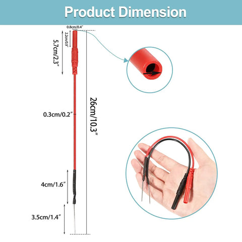 Flexible Spoon Back Probe Kit dimensions showing silicone back probe pins for 4mm banana plug leads, red and black colors.