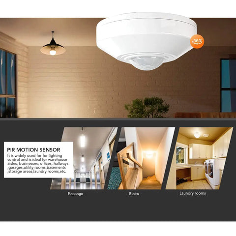 12 24V DC Ceiling Motion Sensor Switch With PIR Occupancy Detection, 360 Degree Coverage, in commercial and residential setting.