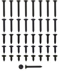 Fifty Piece Number Eight Black Phosphate Phillips Screw Assortment For Badass Ride Fixes And Interior Dashboard Trim Repair On Classic Gm Cars And Trucks with multiple screws arranged.