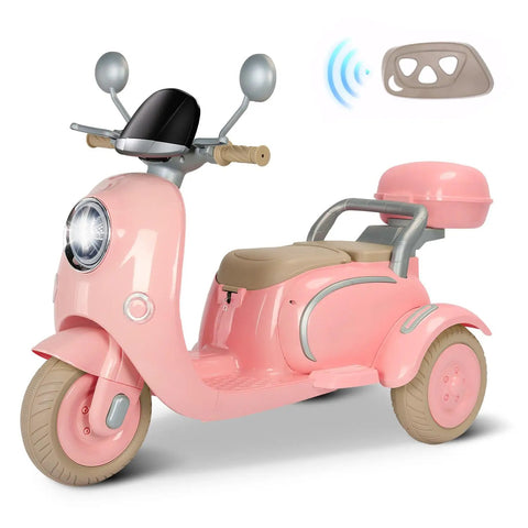 12V Dual Motor Ride On Motorcycle For Kids With Two Seats Pink Electric Moped For Indoor Outdoor Adventures Flip Up Rear Seat One Hour Run Time Easy Start For Little Riders, side view