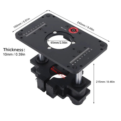 Level Up Your Bench With A Heavy Duty Router Lift System For 69mm Diameter Trimmers Crafted From Rugged Aluminum Alloy And Smooth Stainless Steel Guides Featuring A Dead Tight Locking Mechanism For No Sweat Woodworking Jobs, detailed view of the router lift base with dimensions.