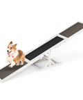 Wooden Dog Agility Seesaw For Backyard Play And Training, Weatherproof Outdoor Exercise Toy With Stable Triangular Base and a small dog on it.