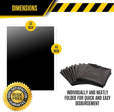 Heavy Duty Contractor Bags In A Tough 50 Pack With Rip Resistant Drawstrings At 42 Gallon Size And 3 Mil Gauge shown folded with dimensions.