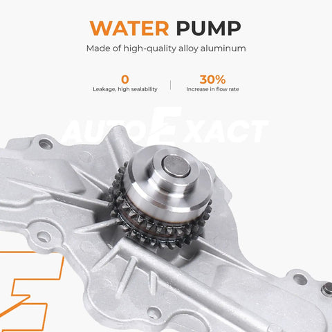 Water pump from Timing Chain Kit With Water Pump Tensioner Guide For Ford Edge Explorer F150 Flex Mustang Taurus Transit Lincoln 3.5L 3.7L V6 DOHC Engine Replacement AT4Z6268A overlaid with features text on aluminum part