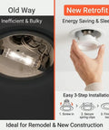 Old vs new retrofit comparison of 12 Pack 4 Inch Retrofit LED Recessed Lighting with E26 Adaptor, showcasing sleek design and installation.