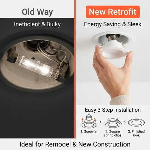 Old vs new retrofit comparison of 12 Pack 4 Inch Retrofit LED Recessed Lighting with E26 Adaptor, showcasing sleek design and installation.