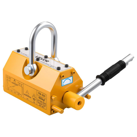 Front view of VEVOR permanent magnetic lifter with yellow housing, U‑shackle and release lever