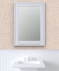 Abstract Animal Design Pvc Free Type Ii Commercial Wallpaper Featuring Matte Linen Texture on wall behind a white bathroom sink.