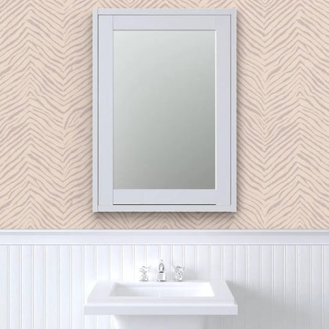 Abstract Animal Design Pvc Free Type Ii Commercial Wallpaper Featuring Matte Linen Texture on wall behind a white bathroom sink.