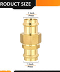 Front view of HeSun copper union press coupling, 1 inch by 1 inch brass fitting for copper tube connection