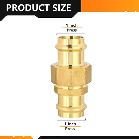 Front view of HeSun copper union press coupling, 1 inch by 1 inch brass fitting for copper tube connection