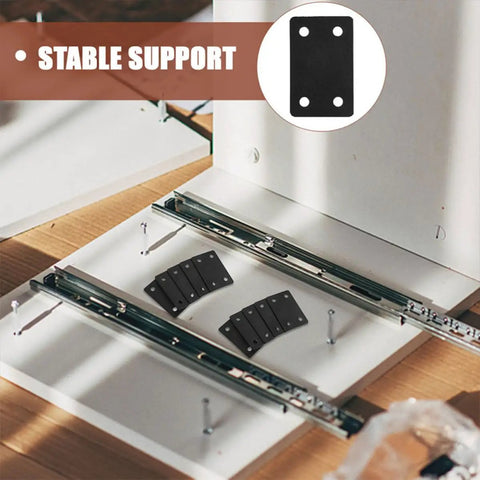 Assembly setup with Six Pack Stainless Steel Flat Furniture Joining Plates for Easy Wood Repair and Assembly Durable Mending Plates.